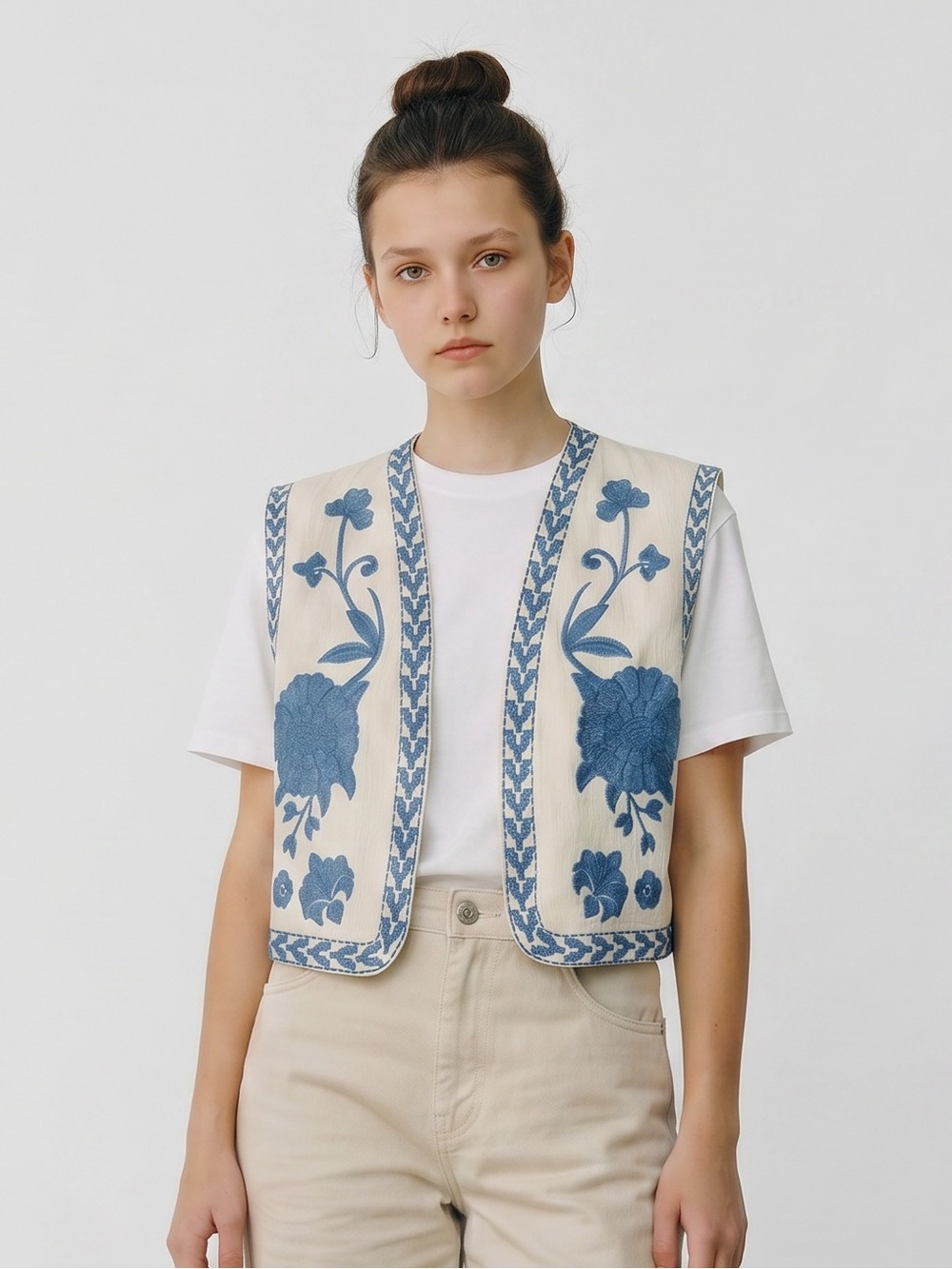 Embroidered Floral Cream & Blue Vest